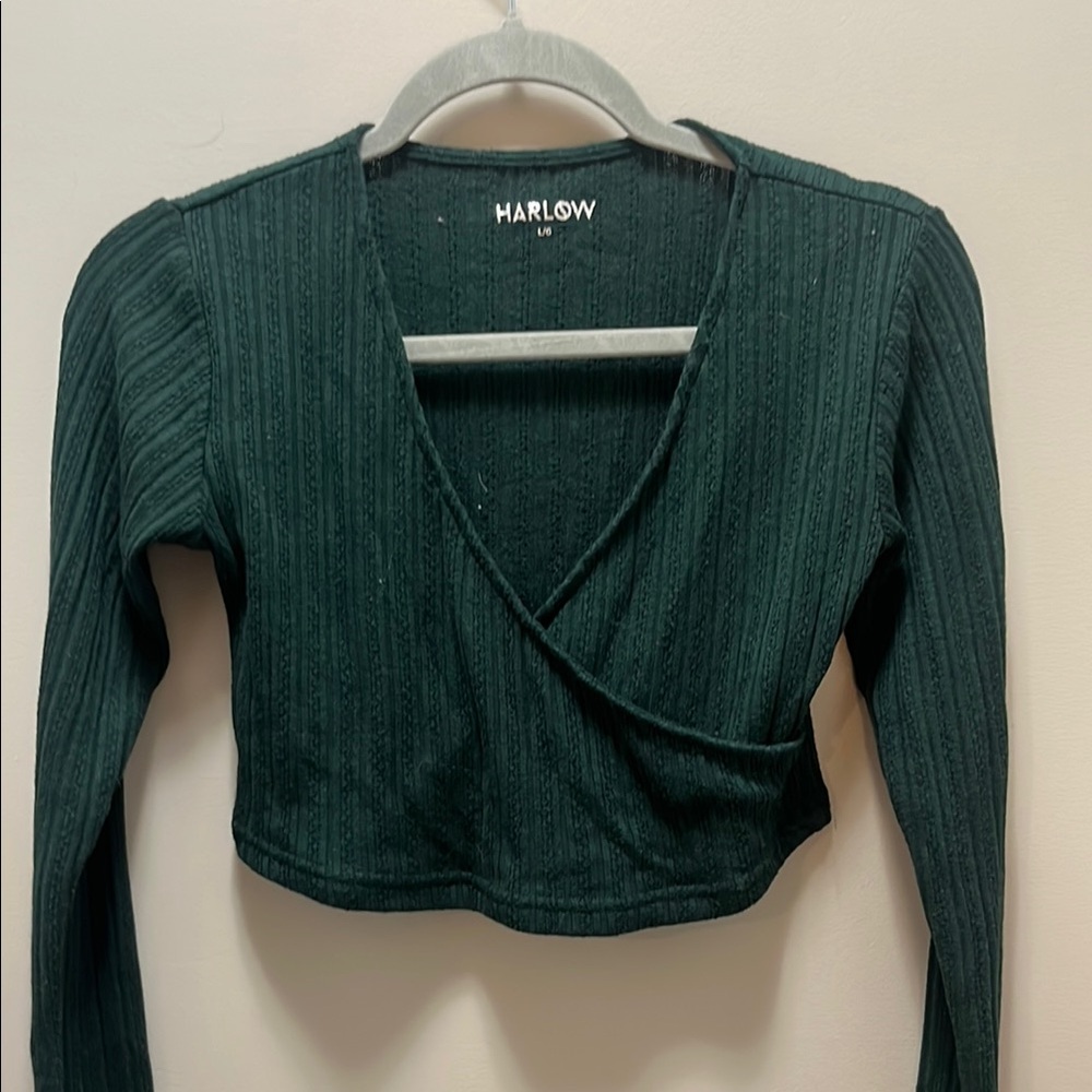 Harlow Green Ribbed Crop Wrap Blouse